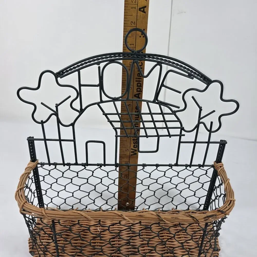 Rustic Home Wall Basket Wire Metal Wicker Hanging Farmhouse Organizer cottage
